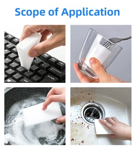Nano magic sponge cleaning stains on keyboard, glass, frying pan and bathroom sink
