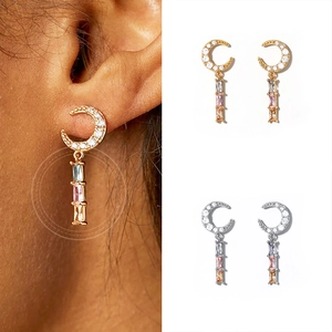 Luxurious S925 silver needle moon earrings with colorful square zircon stones