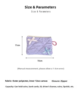 Size chart showing 16cm width and 11cm height for the purple bow makeup bag