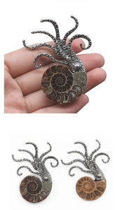Detailansicht der Ammoniten-Fossil-Oktopus-Brosche mit silbernen Tentakeln in Hand und Weiß