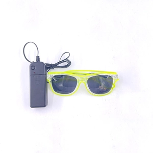 Detail of neon green LED glasses with UV400 lenses and handheld battery controller