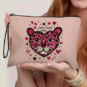 Makeup Bag Heart Leopard Print Cotton Linen Cosmetic Pouch With Zipper And Wristlet Strap Portable Toiletry Organizer For Women