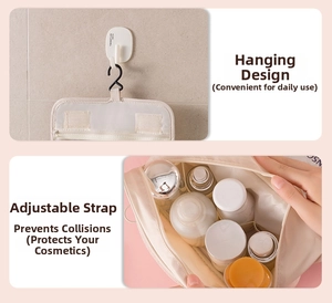 Detail of hanging toiletry bag with hook and elastic straps for travel organization