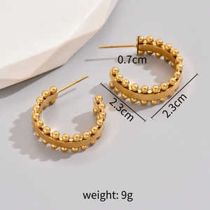 French style gold beaded hoop earrings in C-shape design with size and weight info