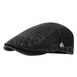 Vintage washed charcoal denim ivy cap with adjustable brass buckle for men and women