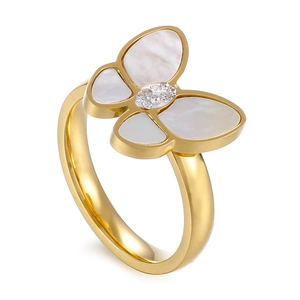 Butterfly Stainless Steel Ring With Mother Of Artificial Pearl Shell Inlay And Zircon Elegant Jewelry For Women