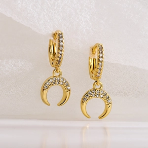18K gold plated crescent moon drop earrings with micro-pave zircons for women