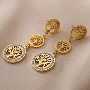 Goldene Lebensbaum-Ohrhänger mit glänzenden Strasssteinen und poliertem Finish
