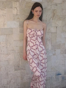 Close-up detail of pink floral slim fit maxi dress with delicate spaghetti straps