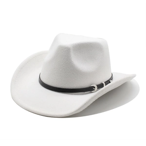 Detail of white wool fedora hat with a black leather band and silver metal buckle