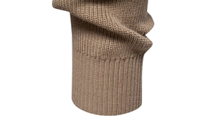 Macro shot of khaki ribbed knitted cuff showing high-quality business sweater craftsmanship