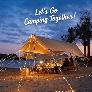 Outdoor camping canopy decorated with warm LED G40 globe string lights at the beach