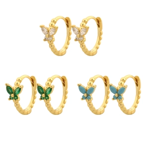 Set of three vintage butterfly hoop earrings with white green and blue crystals