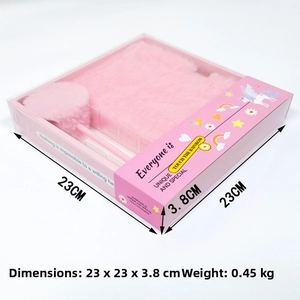 Pink plush notebook and pen stationery set in a decorative gift box, 23x23x3.8cm size