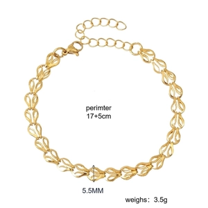 Gold stainless steel feather chain bracelet for women with 17+5cm adjustable lobster clasp