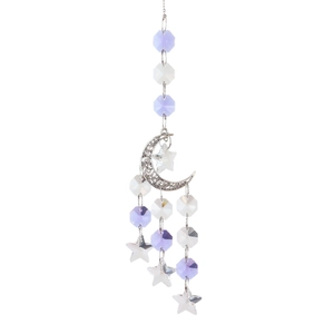 Bohemian silver moon suncatcher with purple crystal prisms and star charms on white background