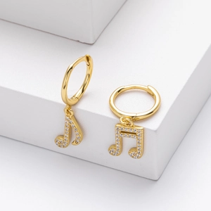 Elegant gold S925 sterling silver hoop earrings with musical note zircon pendants