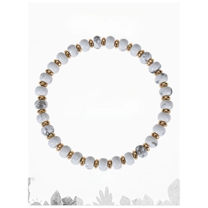 Detail of white howlite beaded bracelet with gold spacers and healing property card
