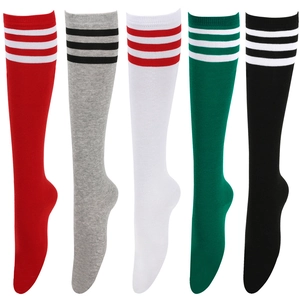 Detailed row of knee-high athletic socks featuring triple stripes in five vibrant colors
