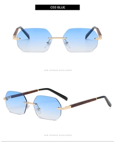 Detail of rimless octagon sunglasses with blue gradient lenses and dark wood grain temples