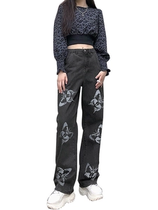 Women's minimalist slim fit black denim jeans with a bold butterfly print and wide leg