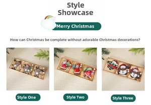 Detailed set of three wooden Christmas pendants featuring Santa, reindeer, and snowman