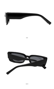 Detail view showing side and back angles of thick black rectangular frame sunglasses