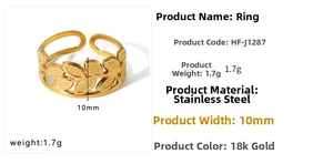 Detail view of 18k gold leaf ring showing 10mm width and 1.7g stainless steel weight