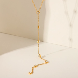 Detail of 18K gold stainless steel Y-necklace with sparkling round zircon accents