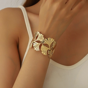Ginkgo Leaf Cuff Bracelet For Women Stainless Steel Wide Hammered Hollow Open Adjustable Statement Jewelry