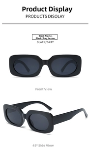 Front and side views of vintage black square sunglasses with wide temples and dark lenses