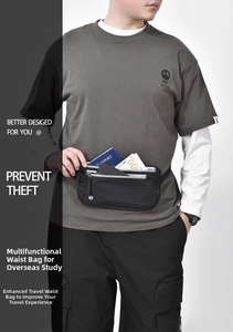 Detail of waterproof RFID blocking money belt showing passport and cash storage compartments