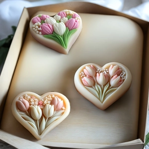 Detailaufnahme von Herz-Wachstafeln mit Tulpenrelief in einer eleganten Geschenkbox