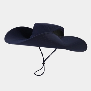 Men's navy wide brim sun hat with breathable mesh and adjustable chin strap for outdoors
