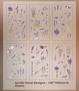 Detailed view of lavender floral PET stickers set with dimensions of 100x180mm and 6 sheets