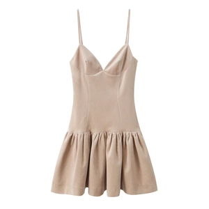 Sexy Samt Spaghettiträger Minikleid Slim Fit Rückenfrei Plissee Saum Khaki Sommer Clubwear Für Damen