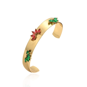 18K gold-plated cuff bracelet featuring red and green marquise-cut zircon stones