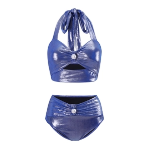 Detail of blue metallic bikini featuring halter neck and central pearl embellishments