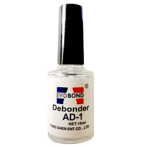 Close-up of EVOBOND AD-1 nail glue deboner 10ml bottle for artificial nail removal