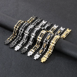Men's mesh link bracelets in gold, silver, and black stainless steel with folding clasps