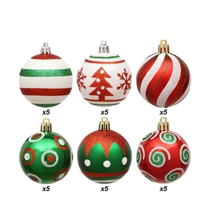 Set of 30 Christmas balls in red, green, and white with glitter and hand-painted patterns