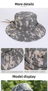 Detail of outdoor camo boonie hat with metal ventilation eyelets and adjustable chin strap