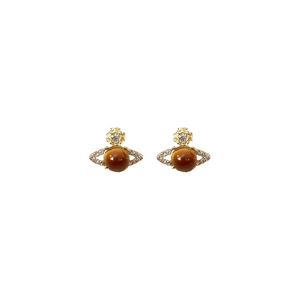Golden planet stud earrings with brown tiger eye stone and crystal encrusted rings