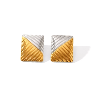 Two-tone geometric square stud earrings with textured silver and gold diagonal pattern