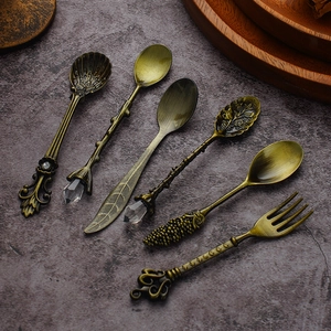 6-piece vintage royal coffee spoons and fork set with bronze finish and crystal accents