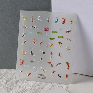 Detailed macro view of 5D Lucky Koi nail stickers with 3D embossed texture and lotus motifs