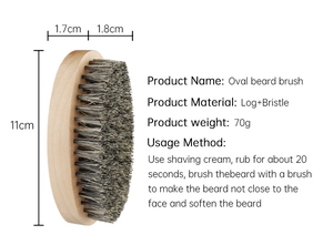 Detailed view of an oval boar bristle beard brush with log base dimensions and weight