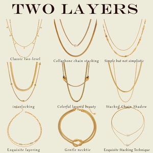 Grid view of nine layered gold titanium steel necklaces with pearls and pendants