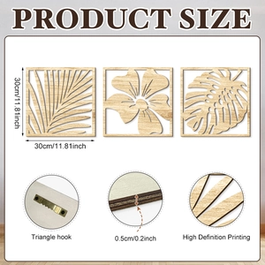 Three-piece bohemian tropical hollow wood wall art set with palm leaves and monstera patterns