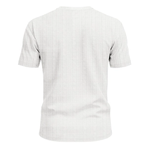 Macro shot of white breathable waffle knit fabric texture on men's casual V-neck t-shirt
